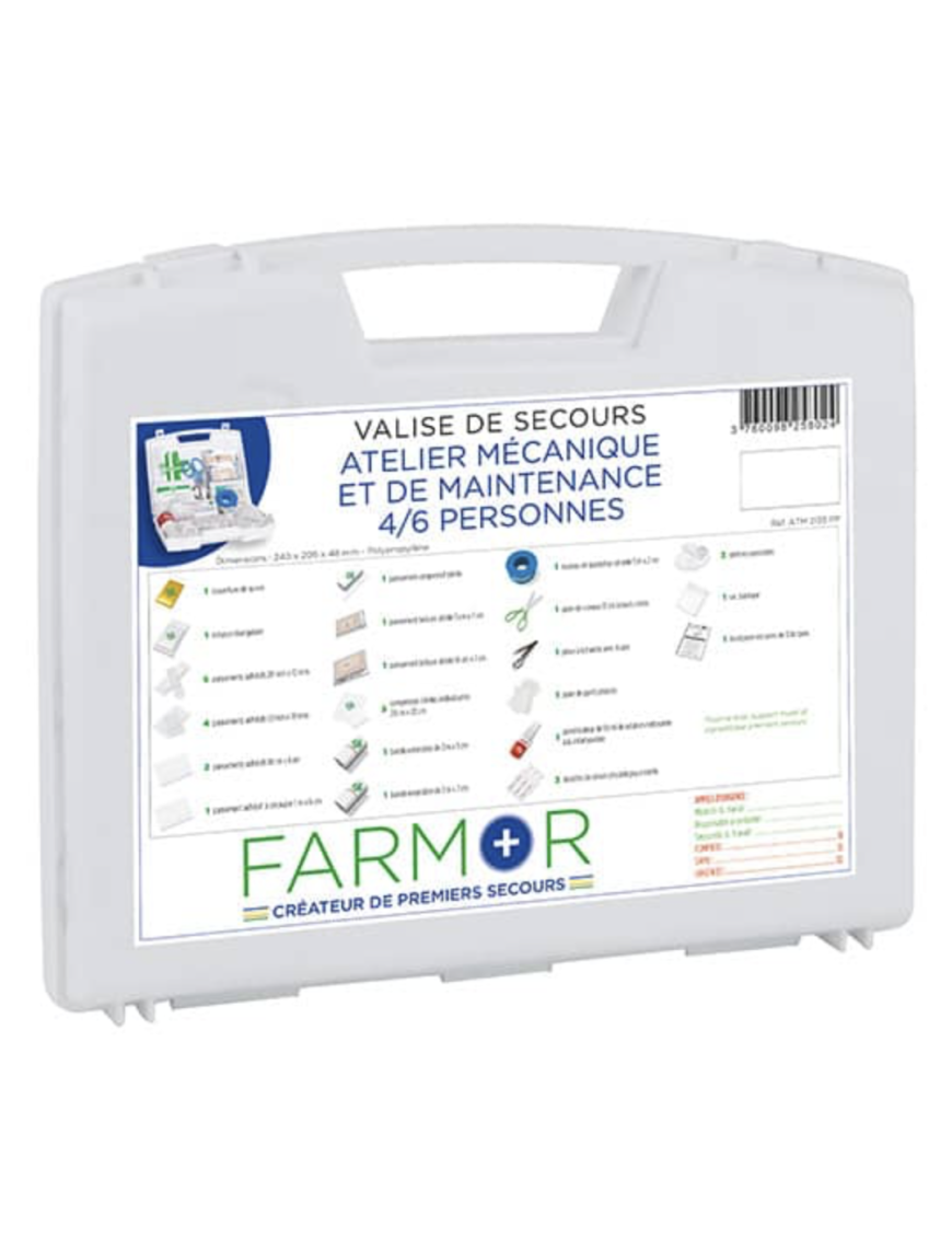 Valise de secours atelier mécanique 4/6 personnes – Polypropylène rigide, complète et adaptée aux risques métiers