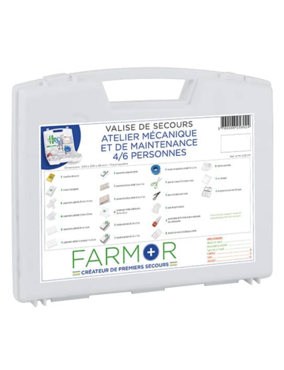 Valise de secours atelier mécanique 4/6 personnes – Polypropylène rigide, complète et adaptée aux risques métiers
